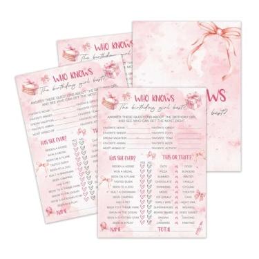 Imagem de Beshoul Birthday Games, Who Knows The Birthday Girl Best, 25 cartões de jogo de preenchimento de laço rosa para meninas festa do pijama suprimentos decorações - A08