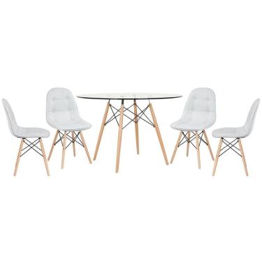 Imagem de Mesa Eames Com Tampo De Vidro 120 Cm + 4 Cadeiras Estofadas Eiffel Botonê Cinza Claro