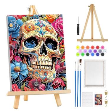 Imagem de MOGTAA Kit de pintura de caveira de Halloween por números para adultos iniciantes com moldura, kits de pintura por números de flores para adultos em tela com cavalete, kits de pintura a óleo DIY