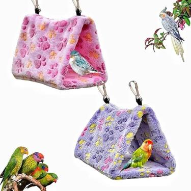 Imagem de Magnoloran Pacote Com 2 Ninhos De Pássaros Pelúcia, Rede Para Pendurar, Caverna, Papagaio, Cama Dormir, Cabana, Barraca Periquitos, Tentilhões, Calopsitas, Cacatuas, Padrão Pés Periquito (Rosa E Rox