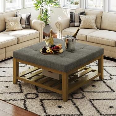 Imagem de Befurtori Grande mesa de centro quadrada otomana, descanso para os pés estofado de linho sólido com prateleira de madeira maciça, mesa de centro tufada para quarto, sala de estar, granito