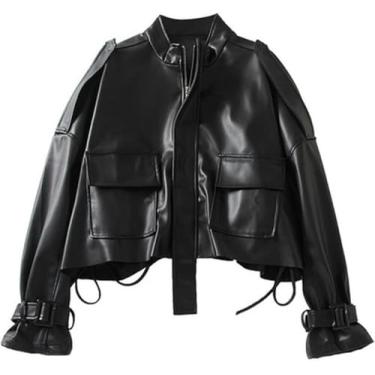 Imagem de Jaqueta Feminina Vintage Couro Pu Estilo Coreano Preto Zíper Jaqueta De Motociclista Moda Jaqueta De Rua Tops, Black, XL