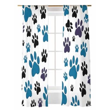 Imagem de Cortinas transparentes com estampa de pata de cachorro azul preto, 203 cm de comprimento, desenho animado, fundo branco, conjunto de 2 painéis, cortinas semitransparentes para sala de estar, quarto