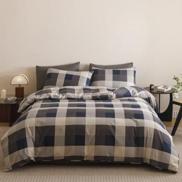 Imagem de Luxlovery Conjunto de edredom masculino xadrez, azul marinho, tamanho king, guingão, quadriculado, macio, cottagecore, cáqui e cobertor azul, com 2 fronhas, cama king size