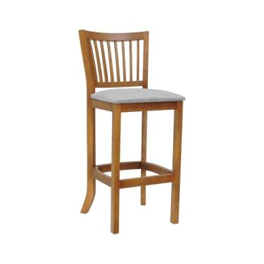 Imagem de Banqueta Alta Bistrô Madri Encosto Ripado - Amêndoa - Assento Estof. Linho Cinza Mescla Impermeável