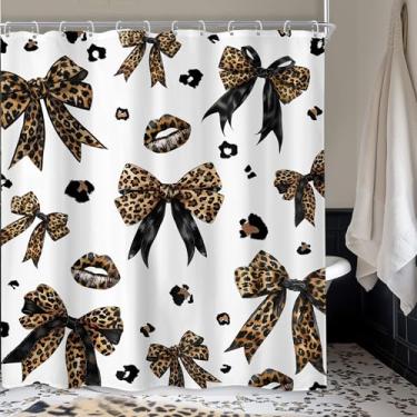 Imagem de Newsely Cortina de chuveiro com estampa de leopardo 182 cm L x 182 cm Vintage Retro Modern Bownot Lips Woman Girls Brown Cheetah Fashion Conjunto de banheiro bonito à prova d'água acessórios de