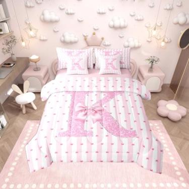 Imagem de Erosebridal Conjunto de cama alfabeto K com laço rosa para meninas, 7 peças, conjunto de edredom com laço e glitter, tamanho solteiro, para quarto de crianças, adolescentes e adultos, conjunto de cama