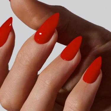 Imagem de Espremedores de unhas em forma de amêndoa vermelha laranja, unhas de acrílico de amêndoas falsas médias, cola na unha, unhas postiças de comprimento médio para mulheres, estileto de gel natural