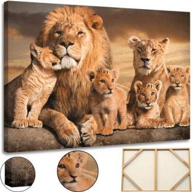 Imagem de Quadro Leao Familia 04 Filhotes Leoa Tela Grande 60x90 Madeira e Tecid