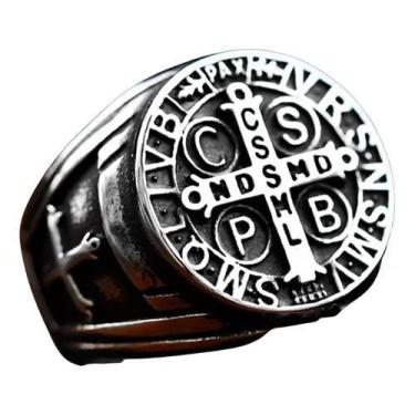 Imagem de Anel Masculino Medalha Cruz Sagrada São Bento Aço 316l - Euro Importad