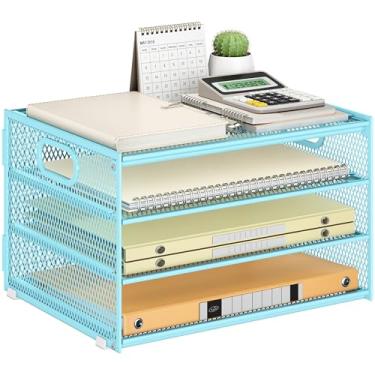 Imagem de Subekyu Organizador de bandeja de papel para mesa, organizador de arquivos de mesa de malha de metal azul com alça e 2 bandejas deslizantes para organização de material escolar de escritório em casa