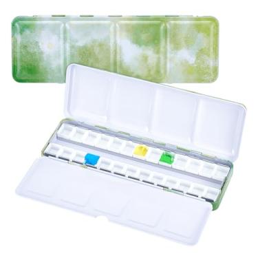 Imagem de NBEADS Paleta de aquarela vazia de viagem, paleta vazia de 22 × 7,9 x 2,9 cm de caixa de lata de aquarela vazia com 26 peças de plástico para guache, estúdio e pintura ao ar livre, verde amarelo