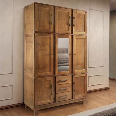 Imagem de Guarda-Roupa Solteiro Tunnels 8 Portas 3 Gavetas  com Espelho Madeira Maciça Castanho - Pnr Móveis