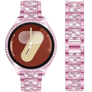 Imagem de DEALELE Pulseiras e capa compatíveis com Samsung Galaxy Watch 8 de 40 mm, pulseira fina de metal com strass brilhante com diamante, capa protetora de substituição para mulheres e homens (40 mm, rosa)