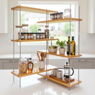 Imagem de VINIUSIKI Organizador de prateleira de bancada ajustável em forma de L, rack de especiarias de cozinha para bancada, organizador de prateleira de balcão de café de madeira para sala de descanso em