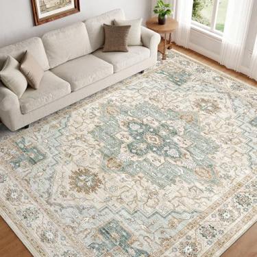 Imagem de xilixili Tapetes de área de 22 x 30 cm para sala de estar, lavável à máquina, antiderrapante, resistente a manchas, tapete grande macio para decoração de casa para quarto e sala de jantar (verde/bege