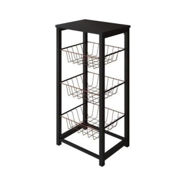 Imagem de Fruteira De Chão Cozinha Desmontada Aço Preto Cesto Cobre Tampo Preto 