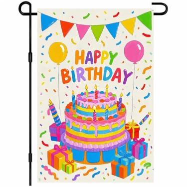 Imagem de BlissYard Happy Birthday Bandeira de jardim 30,5 x 45,7 cm balões coloridos de bolo de aniversário confetes bandeira decorativa ao ar livre bandeira dupla face festa de aniversário bandeiras de
