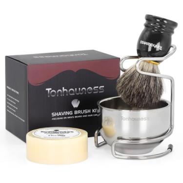 Imagem de Kit de escova de barbear Tonhawness 4 em 1 com escova de cabelo Badger