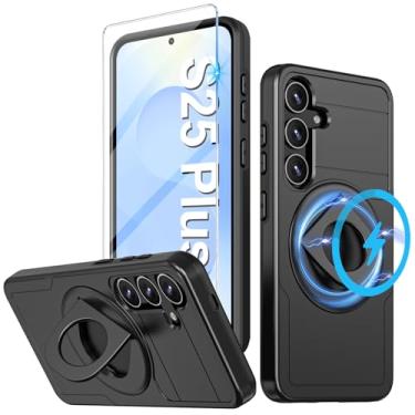 Imagem de Capa para celular Samsung Galaxy S25 Plus Mag-Safe com protetor de tela, fina, à prova de choque, militar, resistente, antiqueda, capa de celular magnética com suporte 360 para Samsung S25 Plus (preto