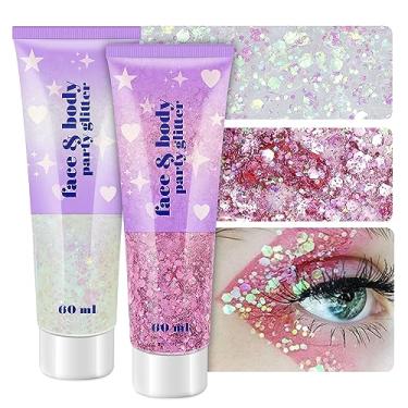 Imagem de Gel holográfico com glitter facial, maquiagem com brilho corporal de 120 ml, para cabelo, rosto, braço, unha, sombra, 2 frascos de lantejoulas iridescentes à prova d'água de longa duração com glitter