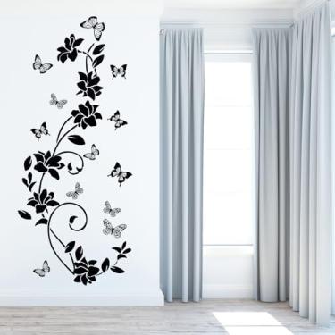 Imagem de Heclia Adesivos de parede de borboleta de flor preta design de arte adesivo de parede anticolisão adesivo de vinil janela borboleta vidro porta parede decoração para banheiro quarto cozinha decoração