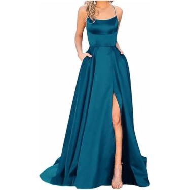 Imagem de Vestidos De Noiva Para Mulheres Verão Ombro A Ombro Cetim Com Fenda Vestidos De Dama De Honra Com Bolsos Sem Encosto Alças De Espaguete A Linha Formal Festa Maxi Vestido De Noite, B-blue, 3XL