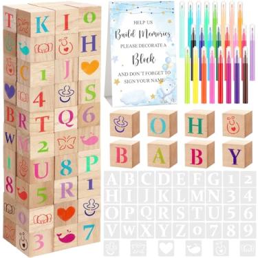 Imagem de Wonderjune 147 conjuntos de jogos de blocos de chá de bebê, 80 blocos de madeira em branco faça você mesmo, 42 estêncis, 24 marcadores de aquarela, 1 placa de jogo de bloco para revelar gênero