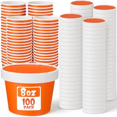 Imagem de Fulmoon Embalagem com 100 recipientes de sopa de papel com tampas, recipientes descartáveis para alimentos com tampas ventiladas, tigelas de sorvete, copos de sopa, copos de sorvete para restaurantes