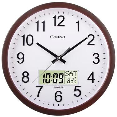 Imagem de Relógio de parede grande OSTAR analógico com visor digital, silencioso, sem tique-taque, com dia da semana/temperatura, movido a pilha, para sala de estar, quarto, cozinha (35,5 cm)