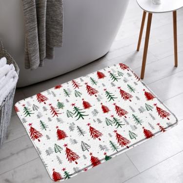 Imagem de AMFD Tapete de banho Merry Christmas, vermelho, verde, árvore de Natal, bolinhas, estrela, rústico, inverno, férias, banheiro, banheira, tapete, decoração de vaso sanitário, 45,7 x 76,2 cm