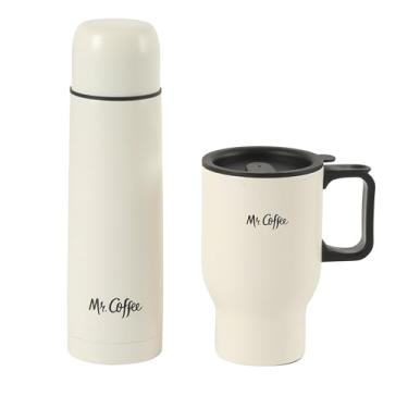 Imagem de Mr. Coffee Conjunto de 4 peças com isolamento térmico — garrafa térmica de aço inoxidável, caneca de viagem com alça, copo e tampa para bebidas quentes e frias - linho branco