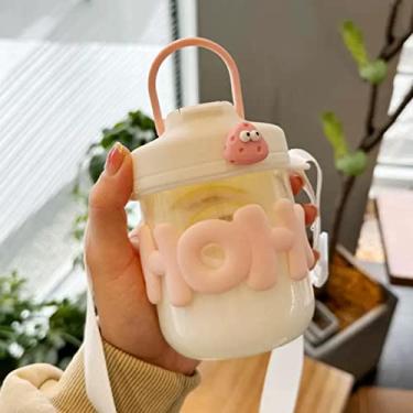 Imagem de Garrafa de água de vidro com tampa e copo de leite de café fofo com alça de corrente de tampa garrafa portátil