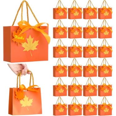 Imagem de Dunzoom 24 conjuntos de sacos pequenos de presente de outono com alças de 14 x 6 x 11 cm, fita de laço, para lembrancinhas de papel, com etiquetas de folha de bordo, alfinetes, para colheita de outono