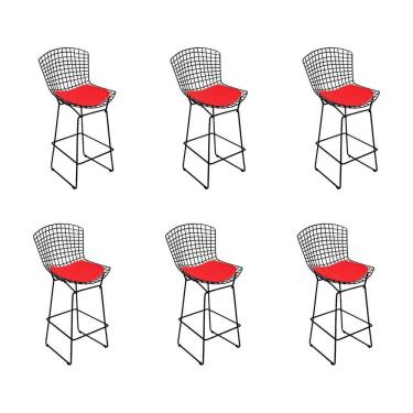 Imagem de Kit 6 Banquetas Bistrô Bertoia Preta D60 Com Assento Vermelho
