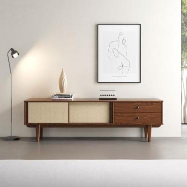 Imagem de IDIMEX Rack Madeira 175 cm Retrô 2 Gavetas TV 75 Polegadas Castanho Simona com Rattan Natural Minimalista com 2 portas 2 gavetas