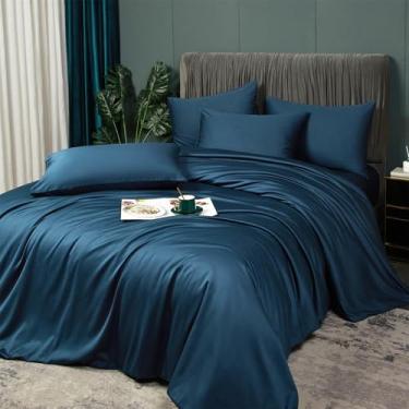 Imagem de Conjunto de capa de edredom refrescante, azul escuro, 100% viscose derivada do bambu, conjunto de cama de rayon macio respirável de verão para pessoas que dormem quentes, capa de edredom luxuosa e