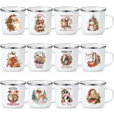 Imagem de Zhehao 12 peças de caneca de café de Natal de 325 ml pequena esmaltada copos de feliz natal caneca de boneco de neve sazonal de Papai Noel canecas de chá de café para colegas de trabalho presentes