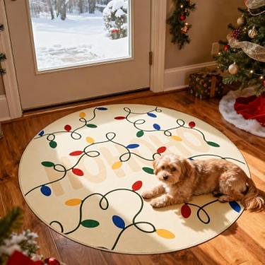 Imagem de jinchan Jingle Lights Tapete redondo de Natal para entrada, quarto, 1,2 m, bege, círculo, para sala de estar, cordão de luzes coloridas, estampado, 1,2 m, decoração de Natal, tapete lavável para hall