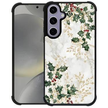 Imagem de CARLOCA Capa compatível com Samsung Galaxy S24 S25 para meninas à prova de choque antiarranhões capa traseira de PC rígida estética padrão de moda folhas de azevinho dourado Natal branco mármore verde