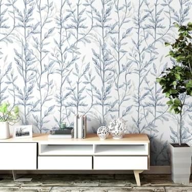 Imagem de ESSMOKO Papel de parede esboço ramos e folhas padrão PVC autoadesivo impermeável papel de parede quarto sala de estar banheiro cozinha adesivo pena azul 45 * 500 cm