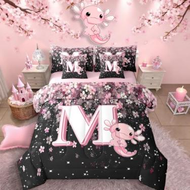 Imagem de Erosebridal Conjunto de cama solteiro, rosa, preto, alfabeto, M, com lindo design de axolote - Conjunto de cama com 7 peças de flor de cerejeira japonesa, conjunto de edredom com lençol com letra