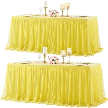 Imagem de Pacote com 2 toalhas de mesa de tule amarelo para mesas retangulares de 1,8 m, toalhas de mesa retangulares amarelas de 1,8 m, capa de mesa sem rugas, com saia tutu para aniversário, coquetel