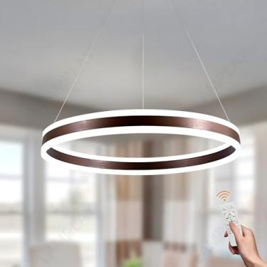 Imagem de Lustre redondo de LED com regulagem de altura, luminária de teto em formato de anel marrom com controle remoto, luminária moderna de 3000K e 6000K para hall de entrada, sala de estar, quarto