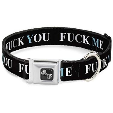 Imagem de Buckle-Down Coleira de cachorro com fivela de cinto de segurança - FUCK YOU/FUCK ME preto/branco/azul - 2,5 cm de largura - serve para pescoço de 22,8 cm - 38,1 cm - Pequena