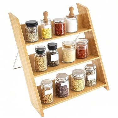 Imagem de Porta-temperos de bambu, organizador de temperos de 3 camadas para bancada, organizador de temperos ajustável e estável, organizador multifuncional de temperos para armário de cozinha, armário
