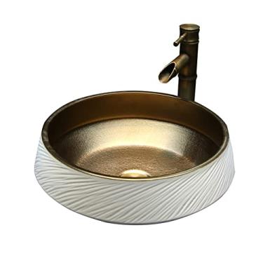 Imagem de Pias de banheiro pia de vaso de banheiro de cerâmica acima do balcão pia de tigela de porcelana para lavatório pia de banheiro redonda com pia de vaso de acabamento manual cor dourada (cor: com