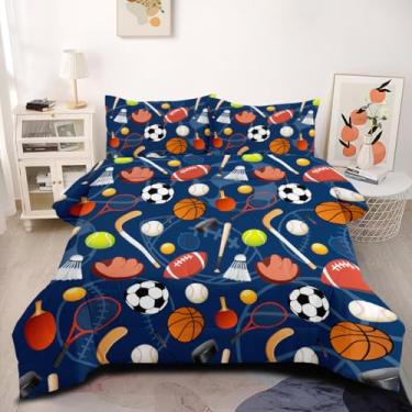 Imagem de CCoutueChen Conjunto de edredom esportivo para crianças, conjunto de cama de basquete e futebol americano com 2 fronhas, conjunto de cama acolchoada de microfibra macia de 3 peças para todas as