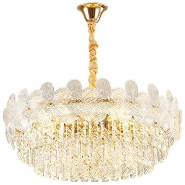 Imagem de Lustre de cristal de luxo com flores Lustre para meninas para quarto Lustre floral nórdico moderno dourado Grande luminária pendente de teto Ilha de cozinha Luminária suspensa para sala de e
