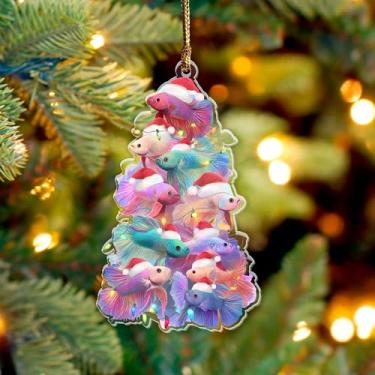 Imagem de Enfeite de Natal de árvore de peixe Betta 2025, animal de aquário 9,5 cm (plano 2D) Enfeite de acrílico de dupla face, presente para amantes de peixes Betta, amadores de aquário, mulheres, amigos